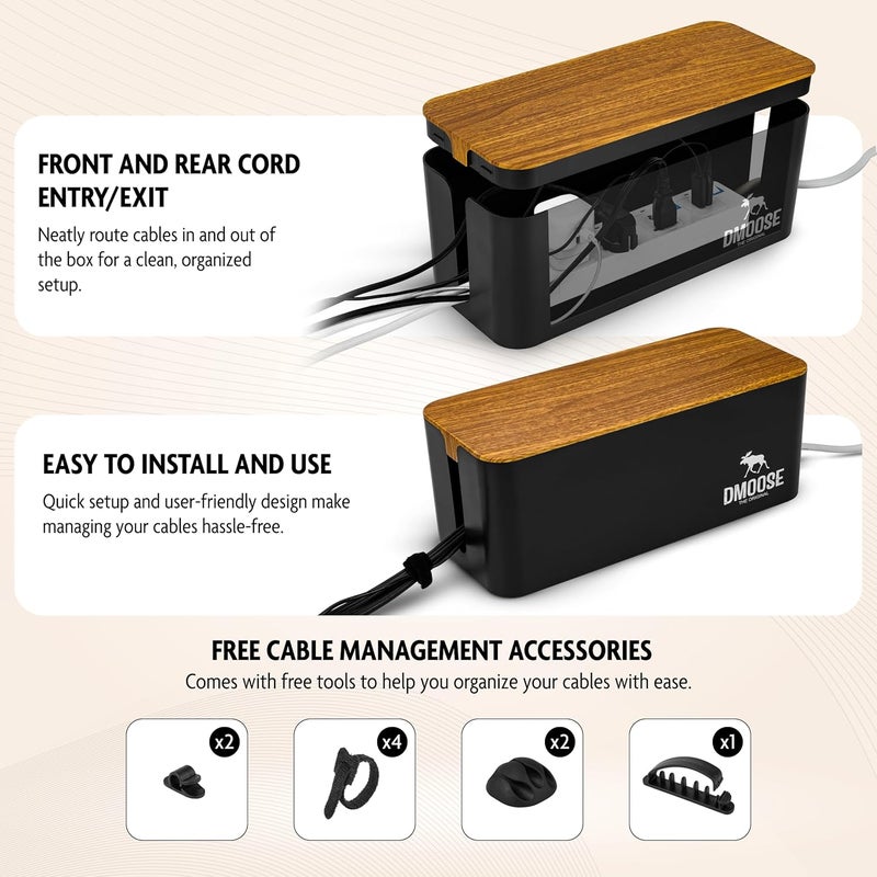 DMoose  Cable Management Box - 2 Pack Medium & Large Cord Organizer for Desk & Floor, Cable Organizer Box for Child & Pet - Hider for Tidy Office & Home (Wood Print Lid, Black, Pack of 2) - Image 5